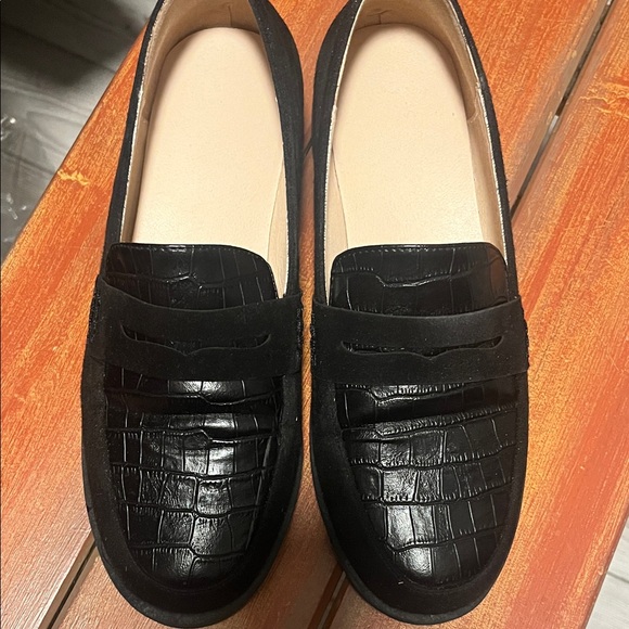 Shoes - Black Croc-Embossed Penny Loafers